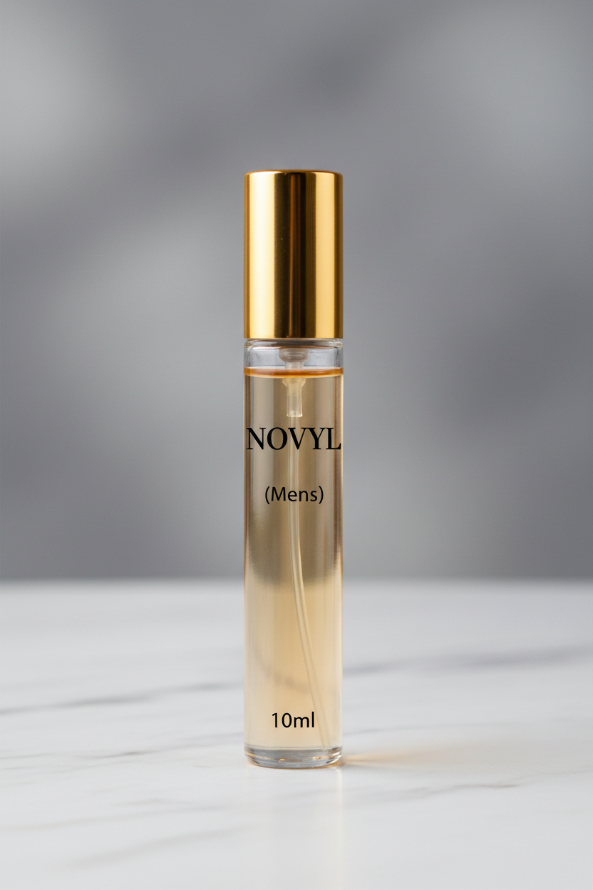 Create a 10ML, measuring 3.4x0.7in/8.7x1.8cm.  with a gold cap, wit the words NOVYL on the front. Underneath "NOVYL", it should say (Mens), and underneath '(mens)" it should say 10ml 